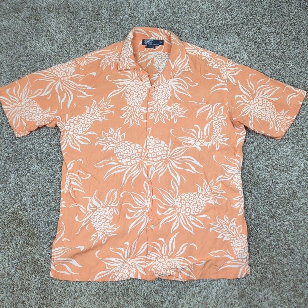 Vintage Polo Ralph Lauren Shirt Mens Medium Orange Clayton Loop Collar Pineapple